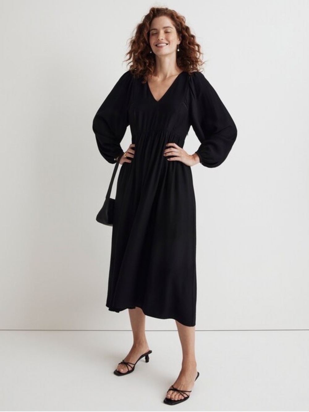 Madewell V-Neck Empire Midi Dress in True Black Size Small Petite New with tag